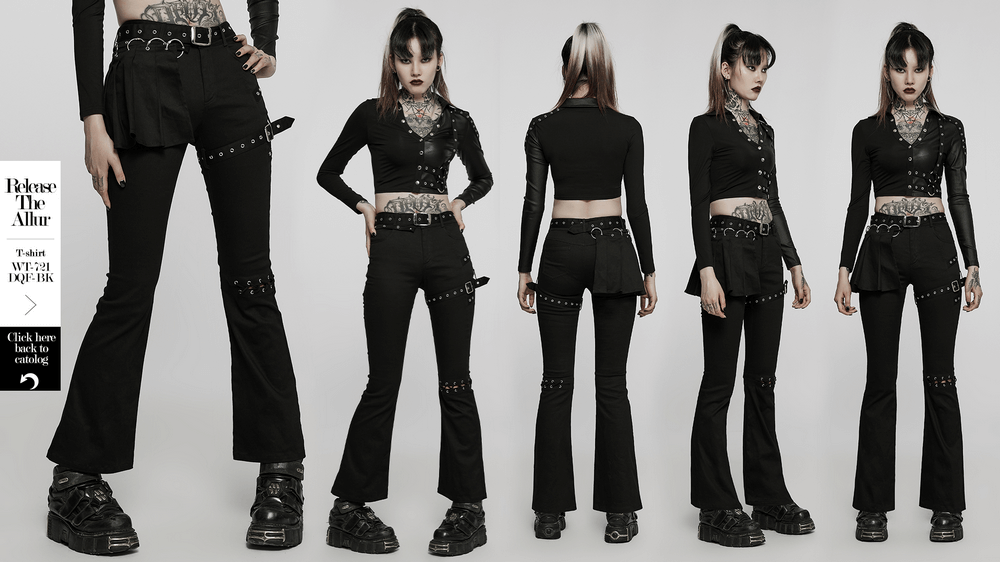 Chic punk flared black pants with removable crimp belt; stylish and edgy design for a bold look.