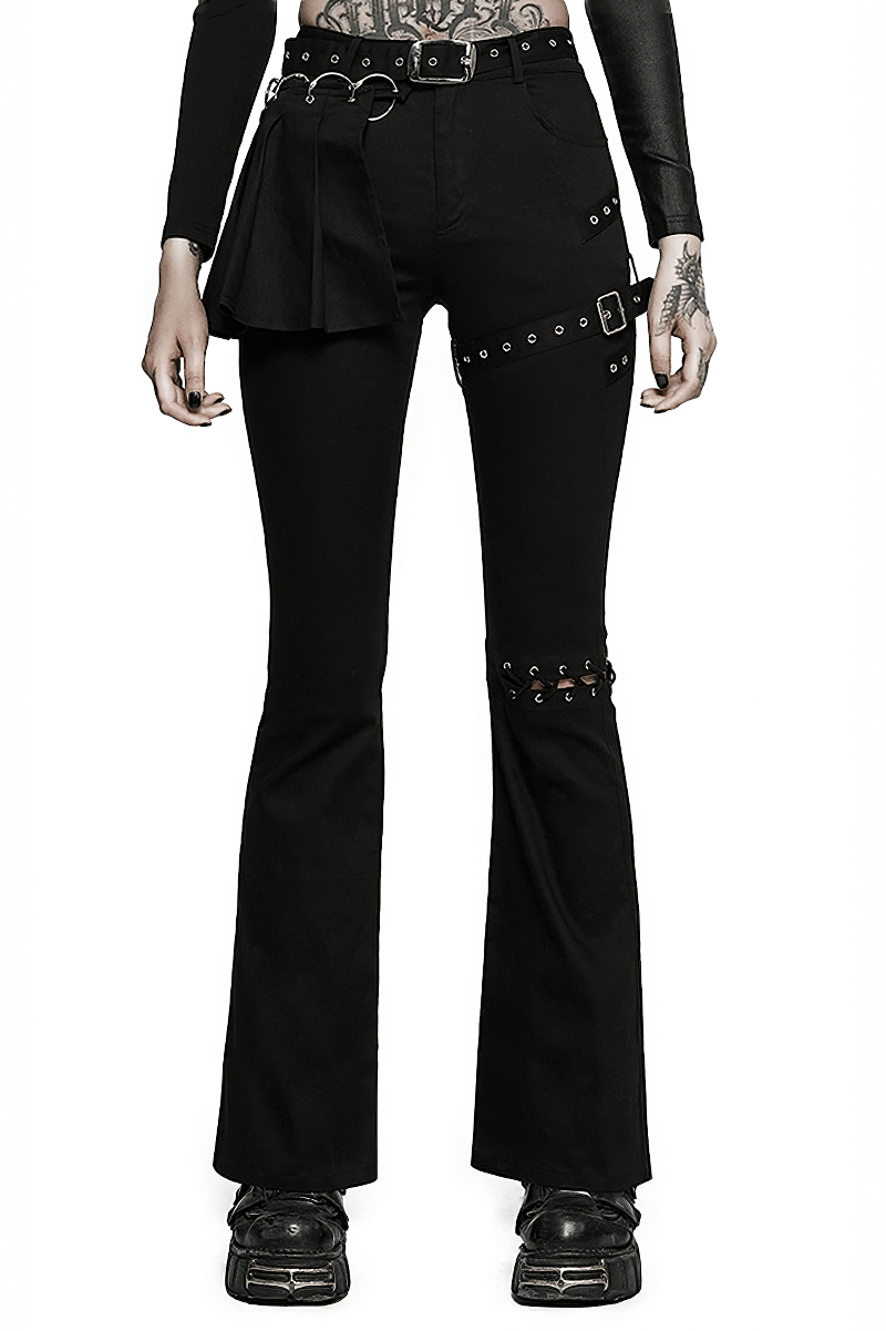 Removable belt punk flared black pants with unique crimp design and knee cutouts for a bold statement look.