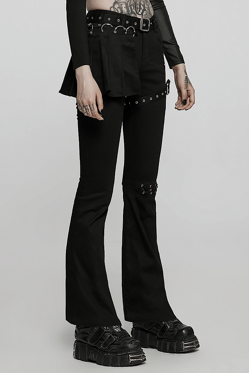 Chic punk flared black pants with removable belt and crimp detail, showcasing a stylish low waist design.