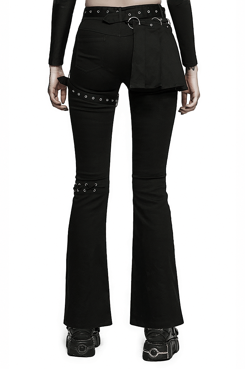 Back view of removable belt crimped punk flared black pants featuring stylish details and a unique silhouette.
