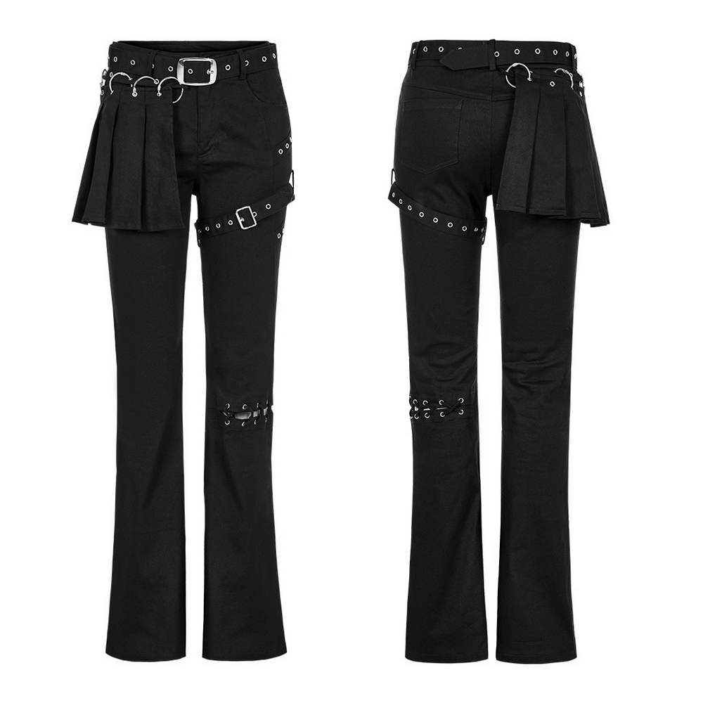 Stylish black punk flared pants featuring a removable belt and unique pleated design, perfect for a bold fashion statement.