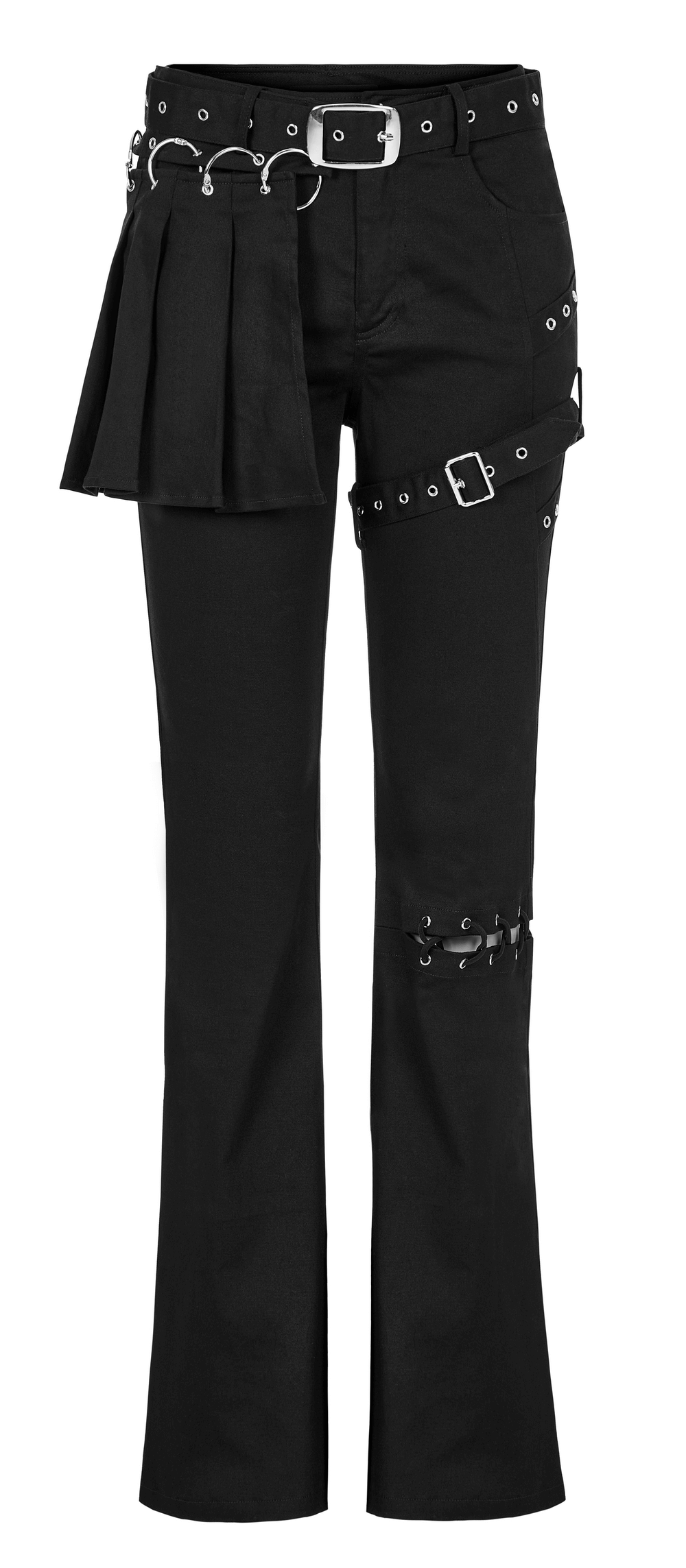 Chic medium low waist black punk flared pants with removable belt and crimped detailing, perfect for a customizable look.