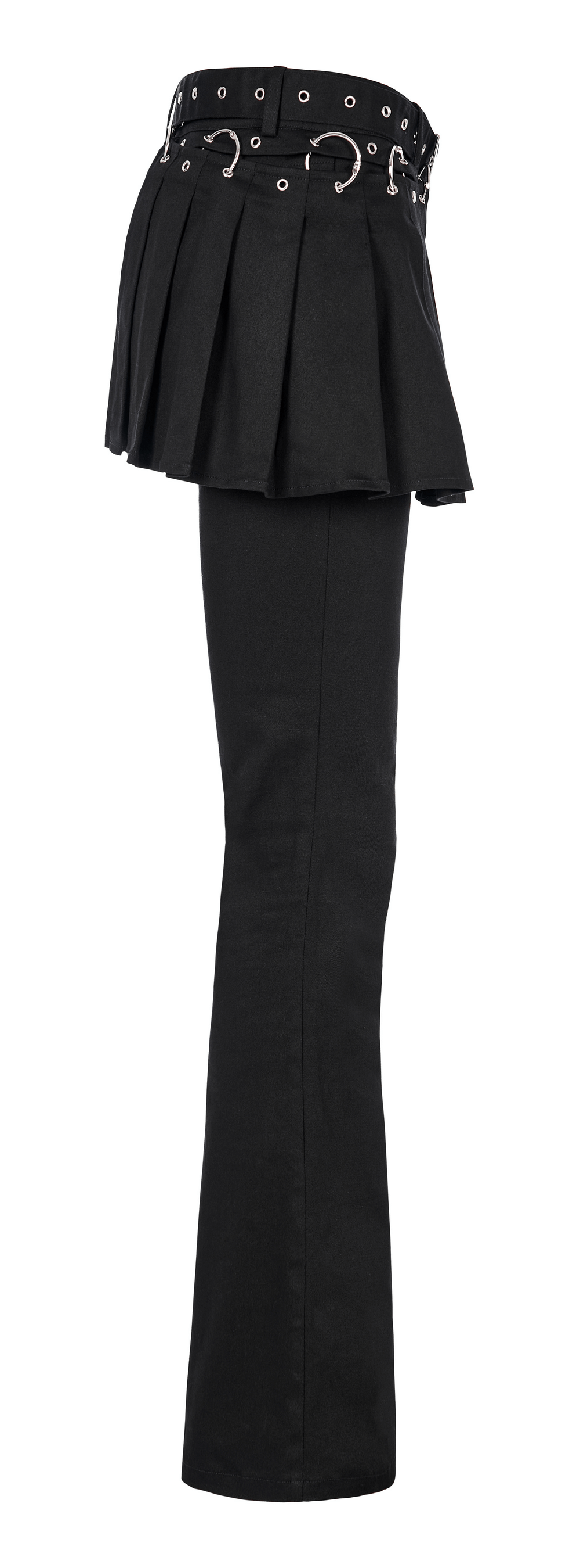 Chic removable belt crimped punk flared black pants with a unique hollowed design for a customizable look.