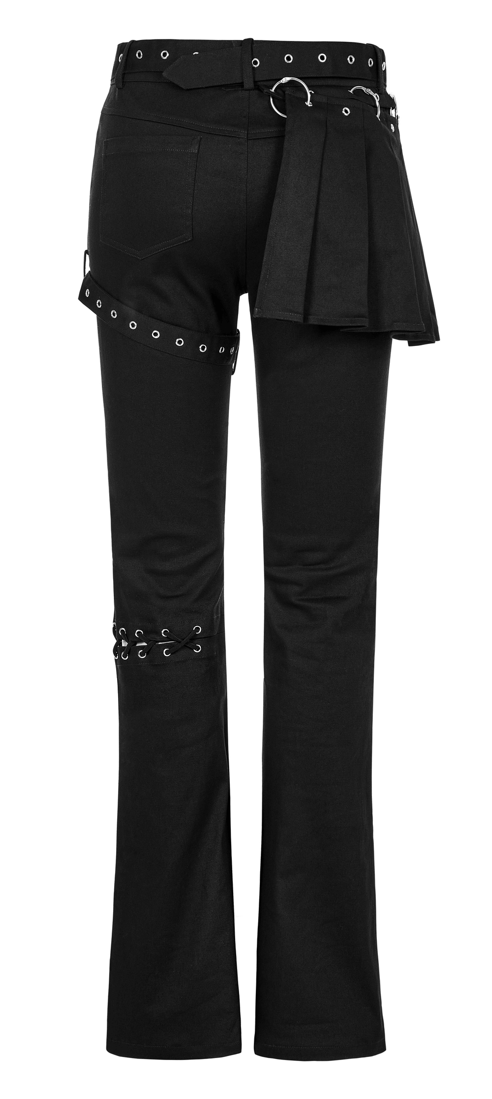 Back view of removable belt crimped punk flared black pants with unique details and stylish design features.