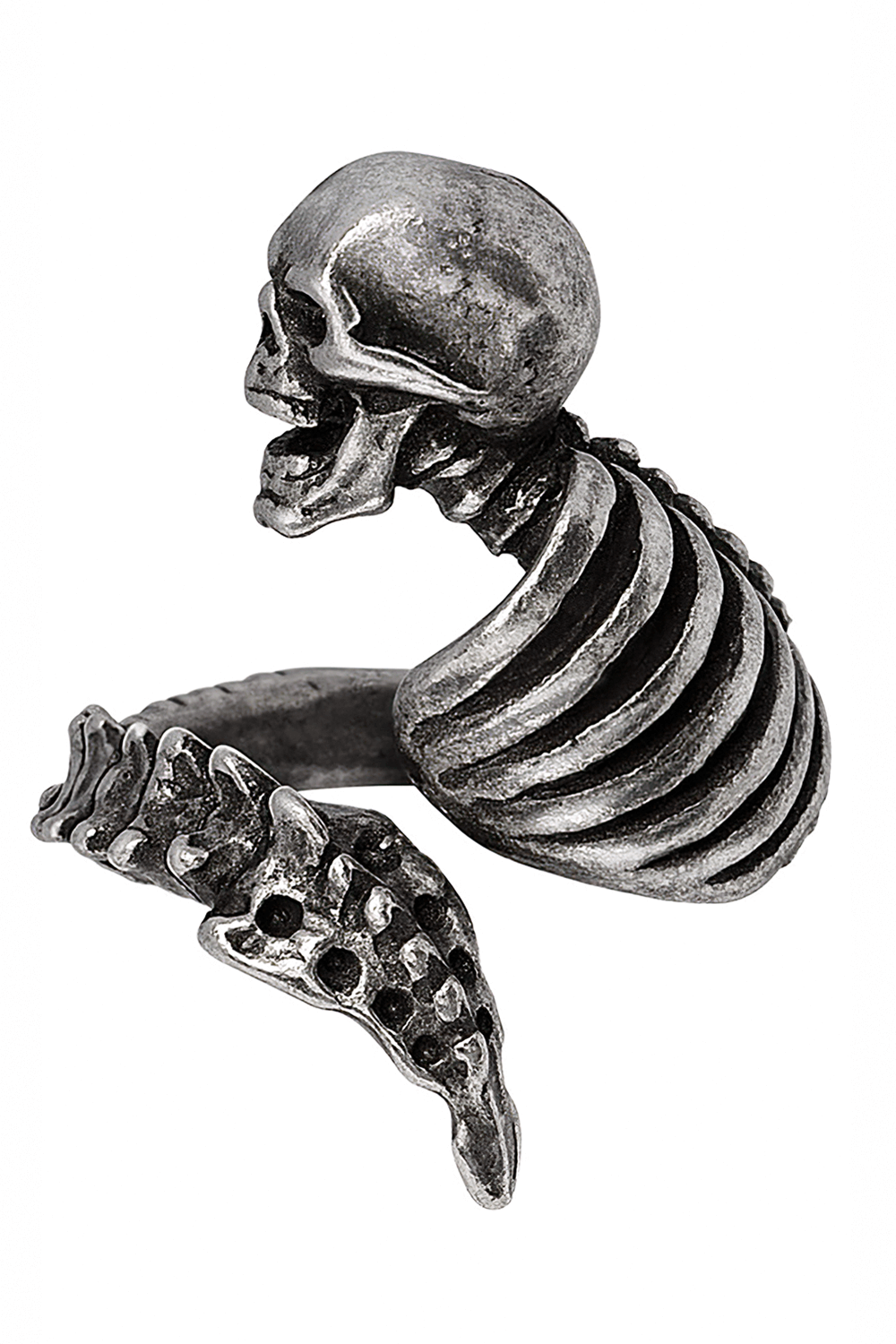Gothic skeleton ring featuring rib cage and vertebrae design in antique pewter, perfect for dark fashion aficionados.