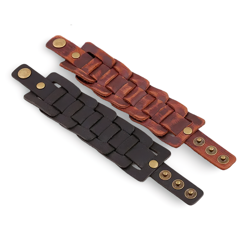 Retro genuine leather wristbands in brown and black with decorative buttons, perfect for stylish denim outfits.
