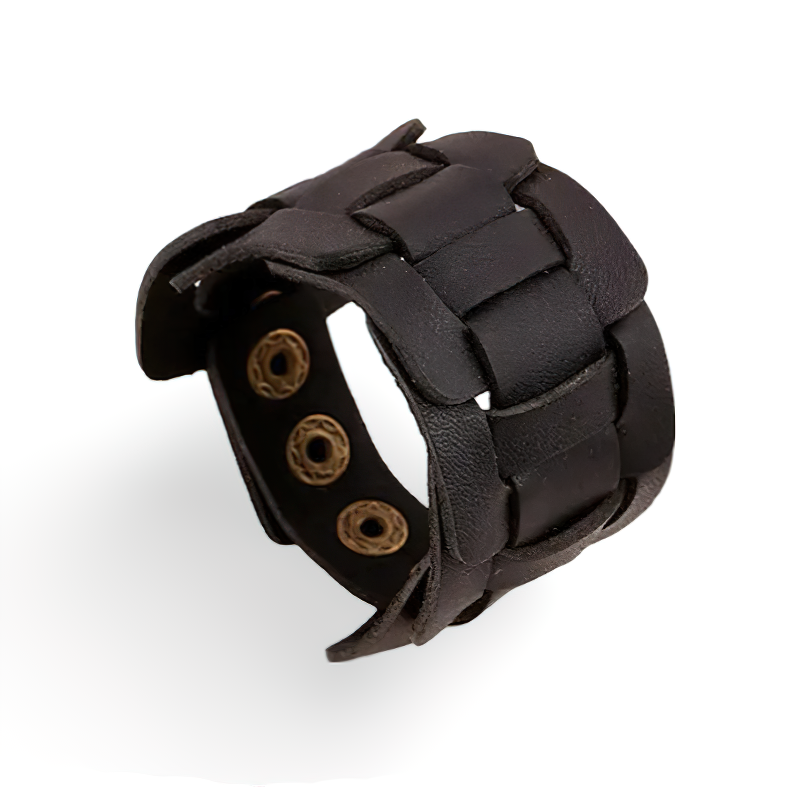 Retro black leather wristband cuff bracelet with button details, perfect for denim outfits and alternative accessories.