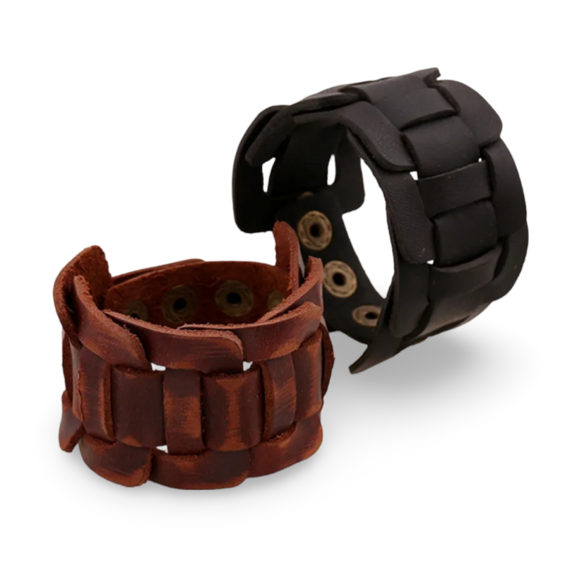 Retro genuine leather wristbands in brown and black, featuring stylish design and easy-hook clasp for denim outfits.
