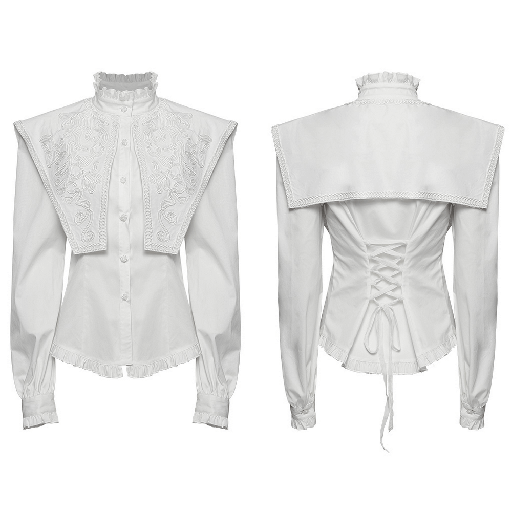 Retro Gothic white shirt with wide shoulders, ruffled details, and lace shawl collar front and back view.