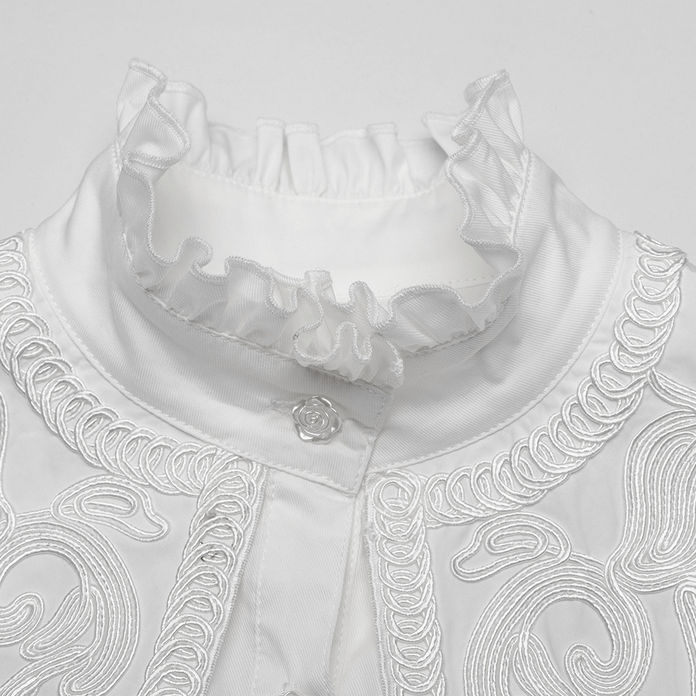 Close-up of the elegant ruffled collar on a retro Gothic white shirt with intricate lace detailing.