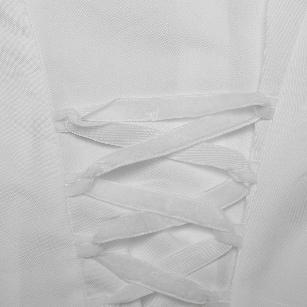 Close-up of white lace-up detail on Retro Gothic shirt, showcasing elegant craftsmanship and design.