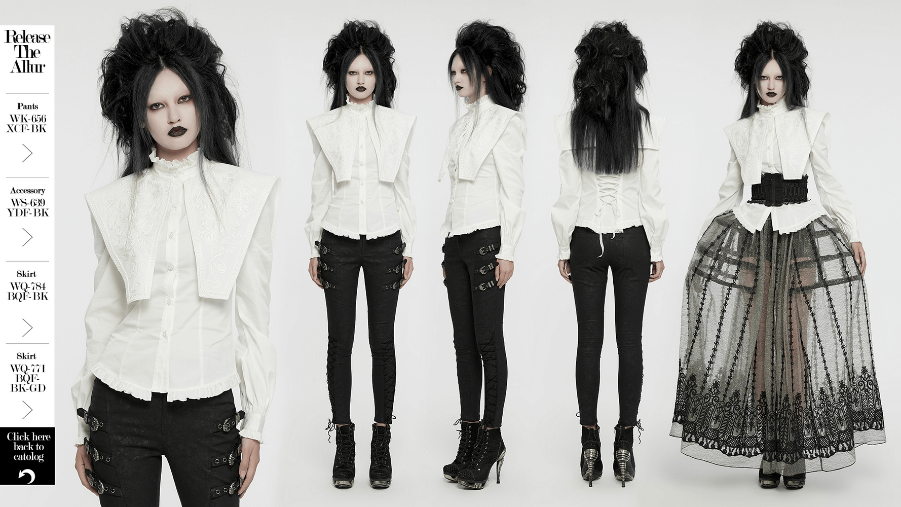Victorian Gothic White Ruffled Shirt with Wide Shoulders, featuring lace collar and hand-sewn rose buttons, styled for a retro look.