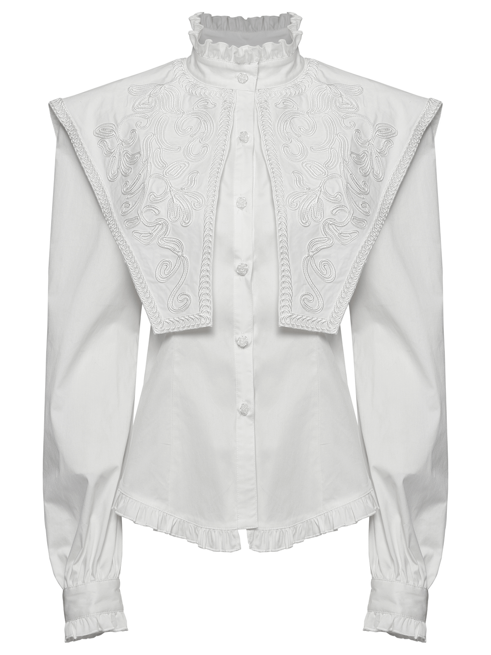 Vintage gothic white shirt with wide shoulders, lace details, ruffles, and elegant rose buttons.