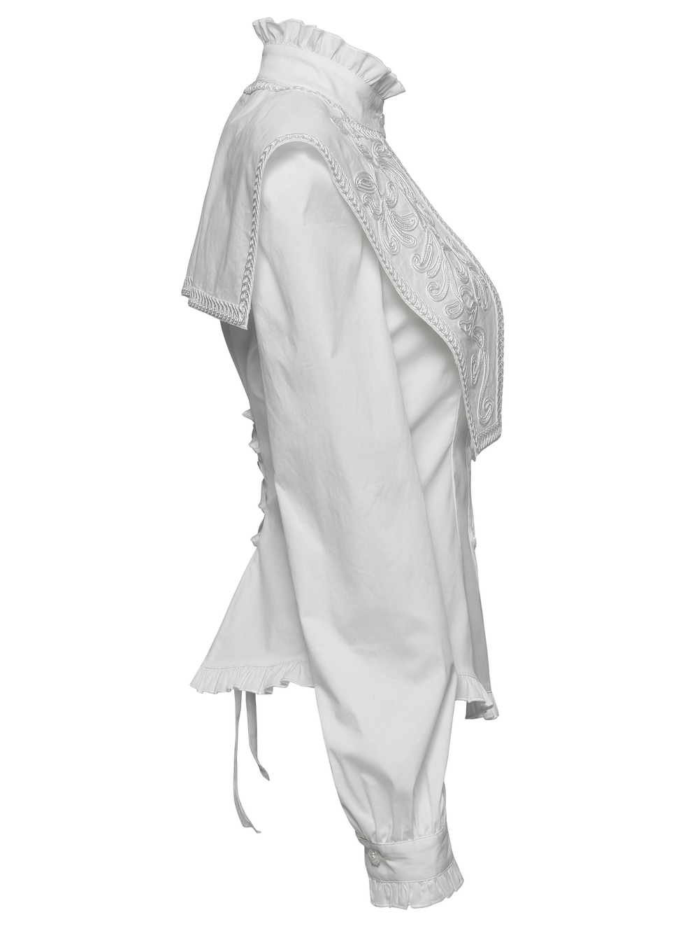 Side view of retro gothic white ruffled shirt with wide shoulders, featuring lace collar and delicate ruffles.