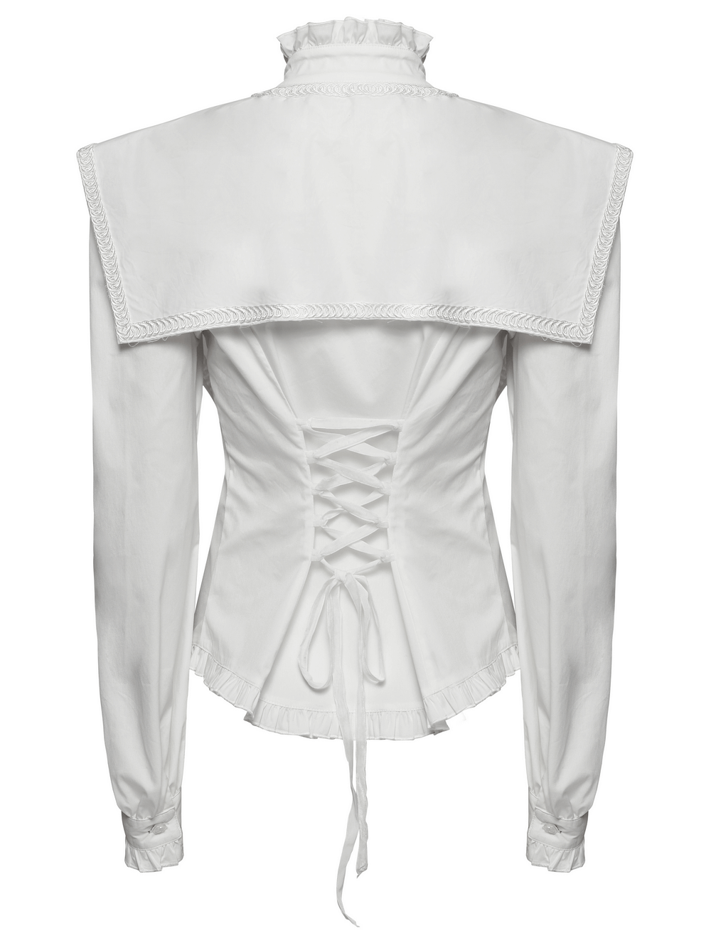 Back view of a Retro Gothic White Ruffled Shirt with wide shoulders and lace detailing, showcasing elegant ruffles and a drawstring.