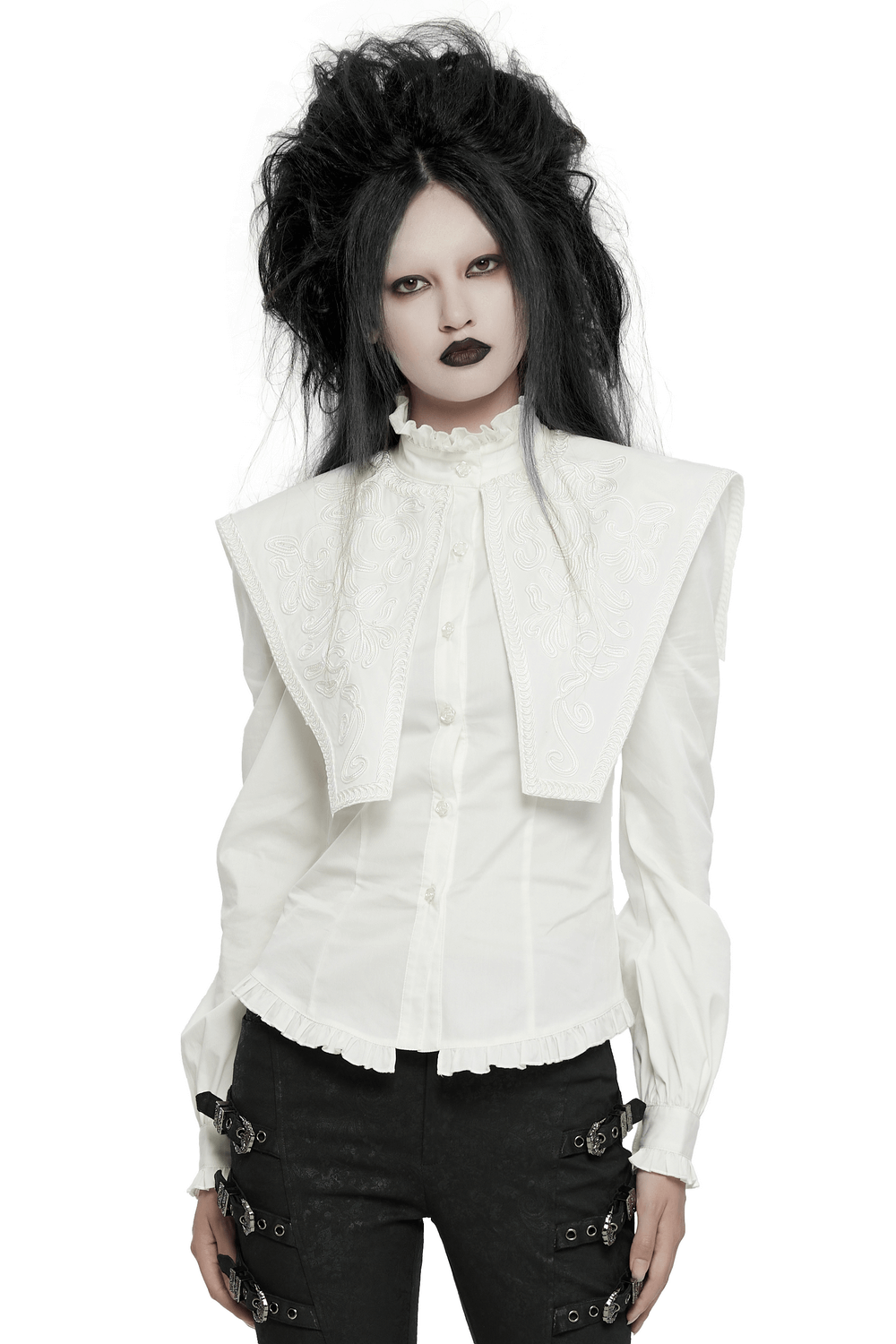 Retro Gothic white ruffled shirt with wide shoulders and lace details, perfect for a Victorian-inspired look.