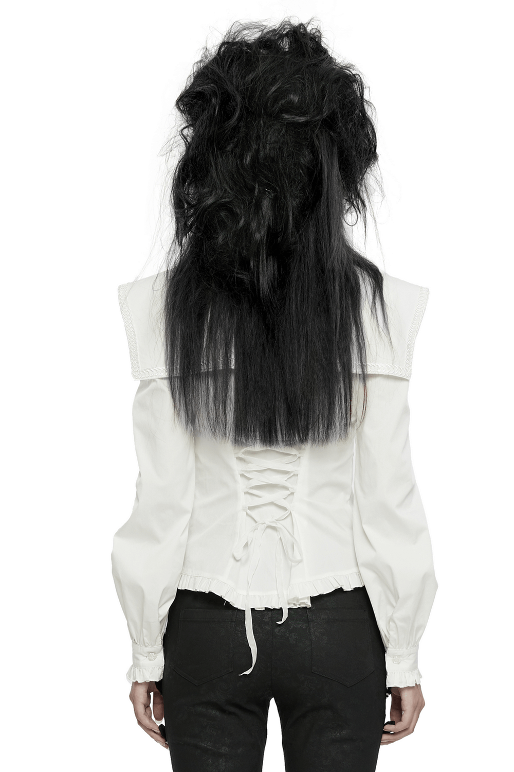 Back view of Retro Gothic White Ruffled Shirt showcasing lace detailing and drawstring for a perfect fit.