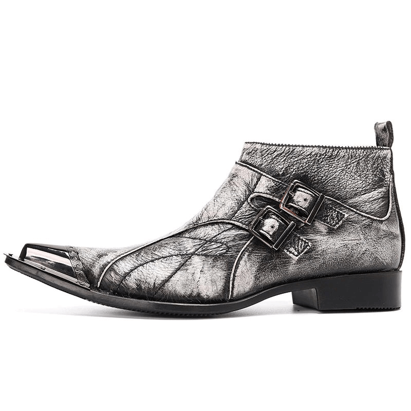 Dark Gothic Punk Leather Boots 5 Buckles, Metal Zipper