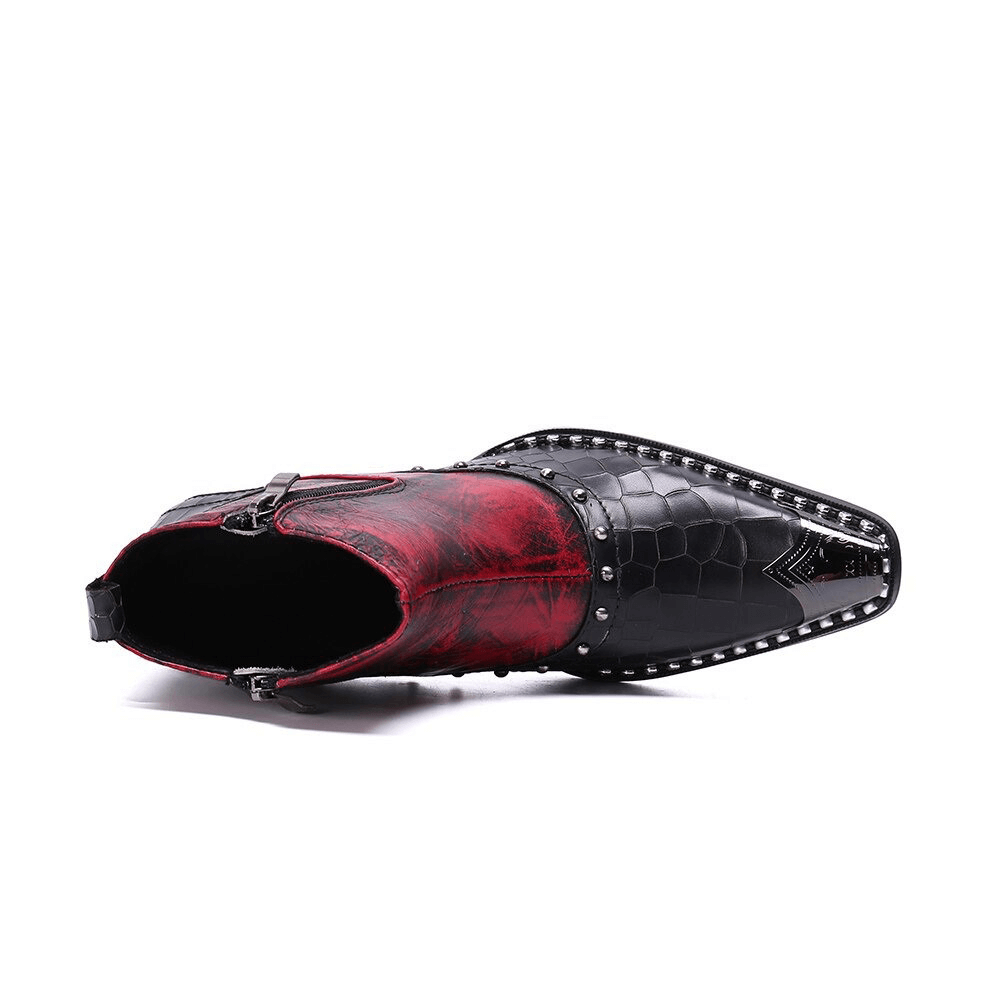 Retro black and red high heel ankle boots with rhinestone details and double zipper in rock style.