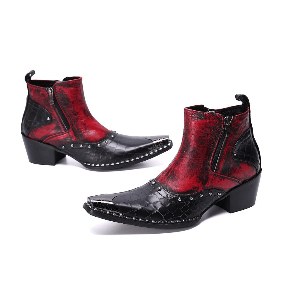 Retro high heel ankle boots in black and red with rhinestones, featuring double zippers and a stylish rock design.