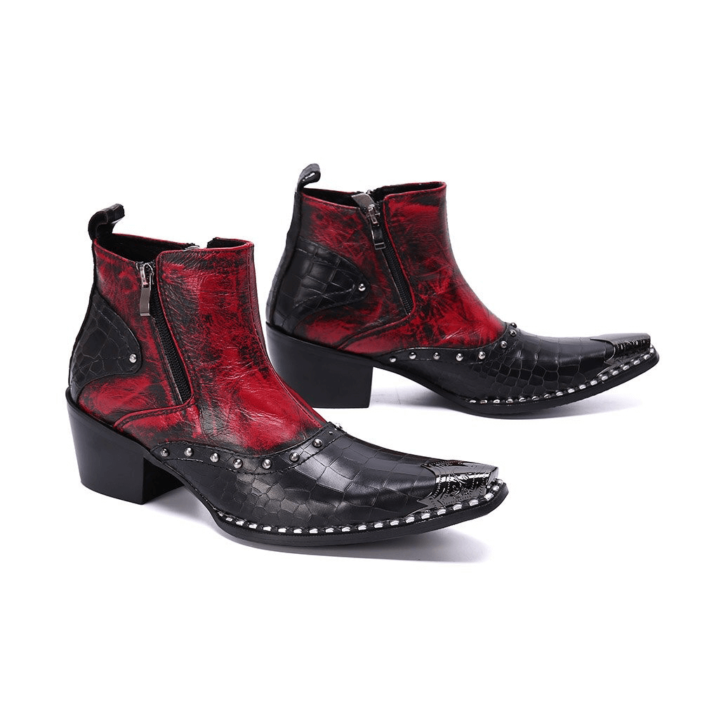 Retro high heel ankle boots with double zipper in black and red crocodile style, accented with rhinestones.