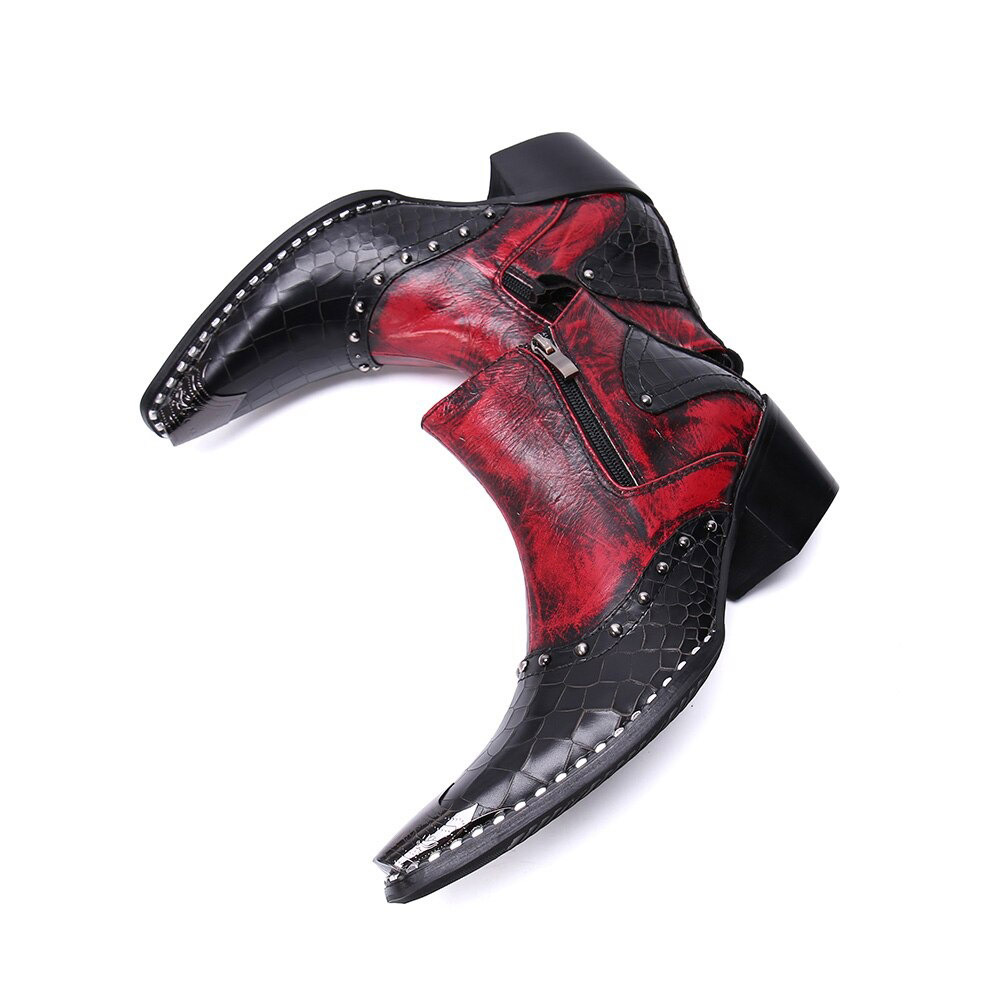 Stylish retro black and red ankle boots with double zipper and rhinestone accents, perfect for a rock-inspired look.