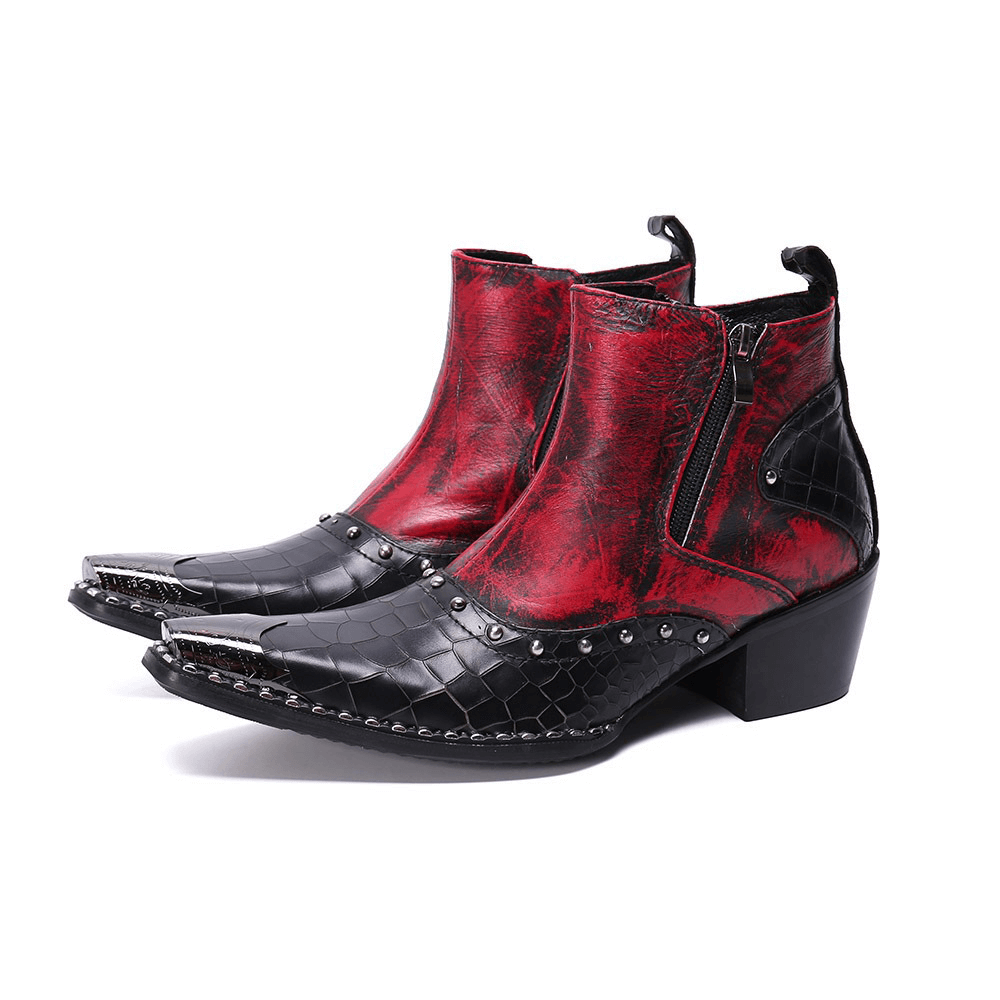 Retro high heel ankle boots in black and red with rhinestones and double zipper, perfect for a stylish rock look.