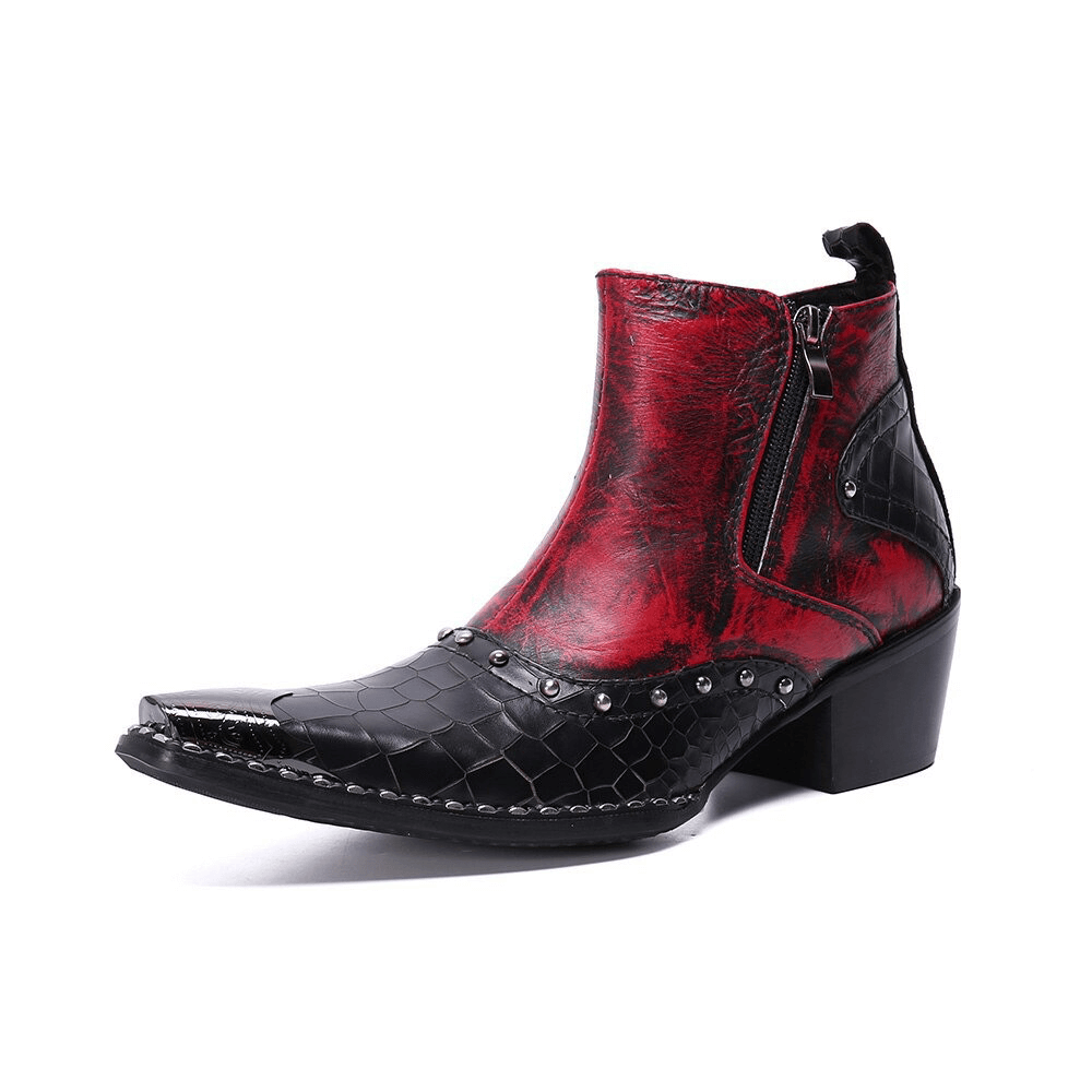 Retro black and red ankle boots with double zipper and rhinestones, stylish rock-inspired footwear for men.