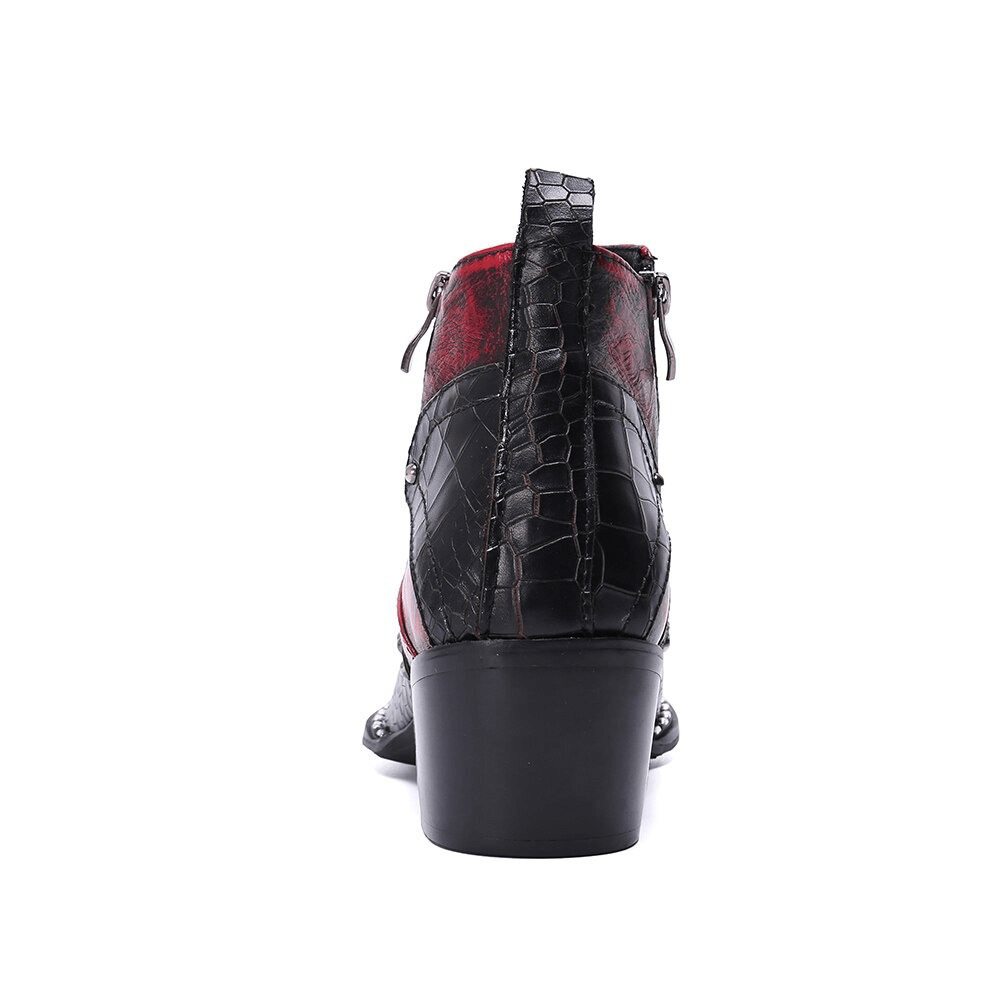 Back view of retro black and red ankle boots with rhinestones and double zippers in stylish rock design.