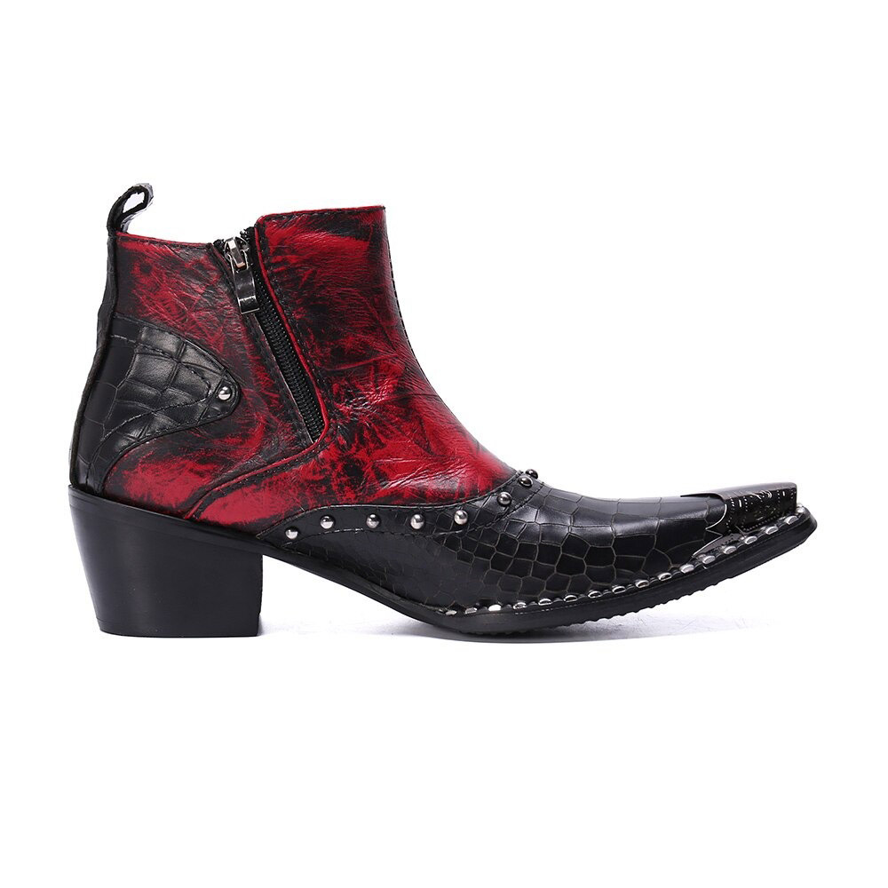 Stylish retro high heel ankle boots in black and red with rhinestone accents and double zipper, perfect for rock fashion.