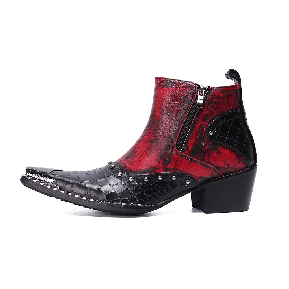 Retro High Heel Ankle Boots with Double Zipper / Rhinestone Red and Black Shoes in Rock Style