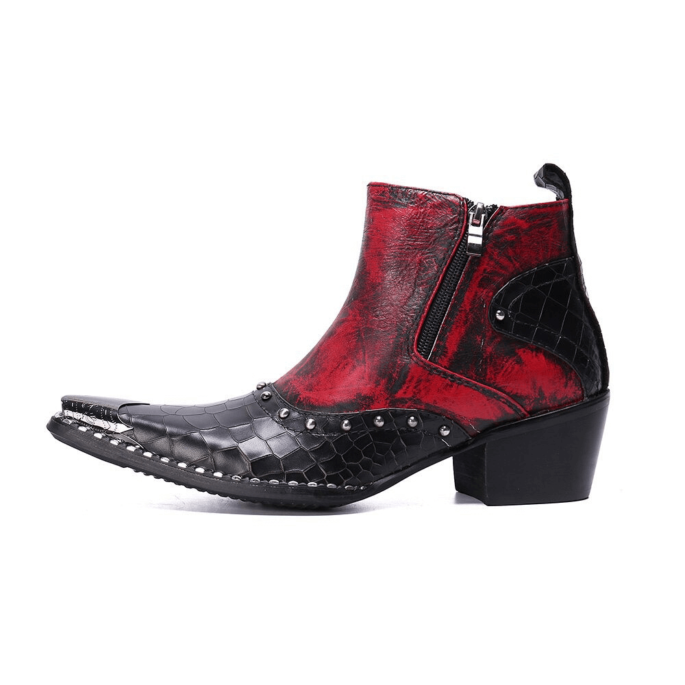 Retro high heel ankle boots in black and red with double zipper and rhinestones, designed for a stylish rock look.