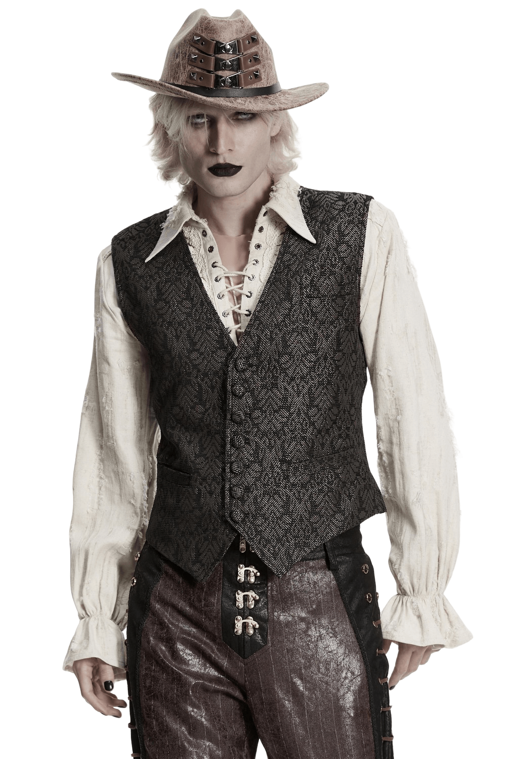 Model wearing Retro Jacquard Waistcoat Vest with Deep V-Neck, showcasing a gothic formal style.