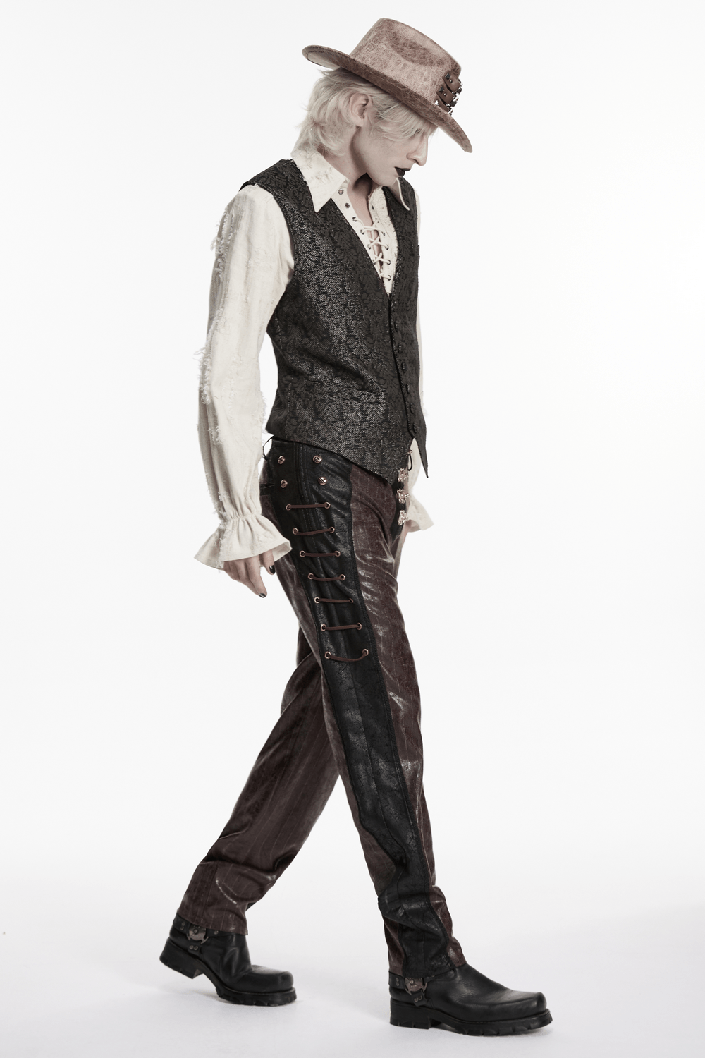 Retro Jacquard Waistcoat Vest with Deep V-Neck worn with vintage attire and stylish hat, showcasing gothic and steampunk vibes.