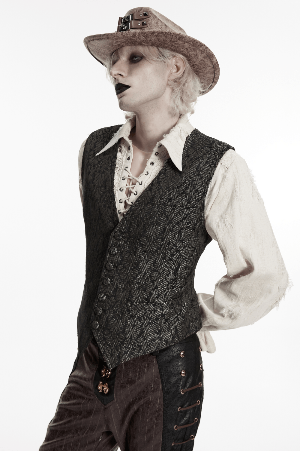 Retro Jacquard Waistcoat Vest with Deep V-Neck worn in a goth-inspired outfit by a model with platinum hair and a cowboy hat.