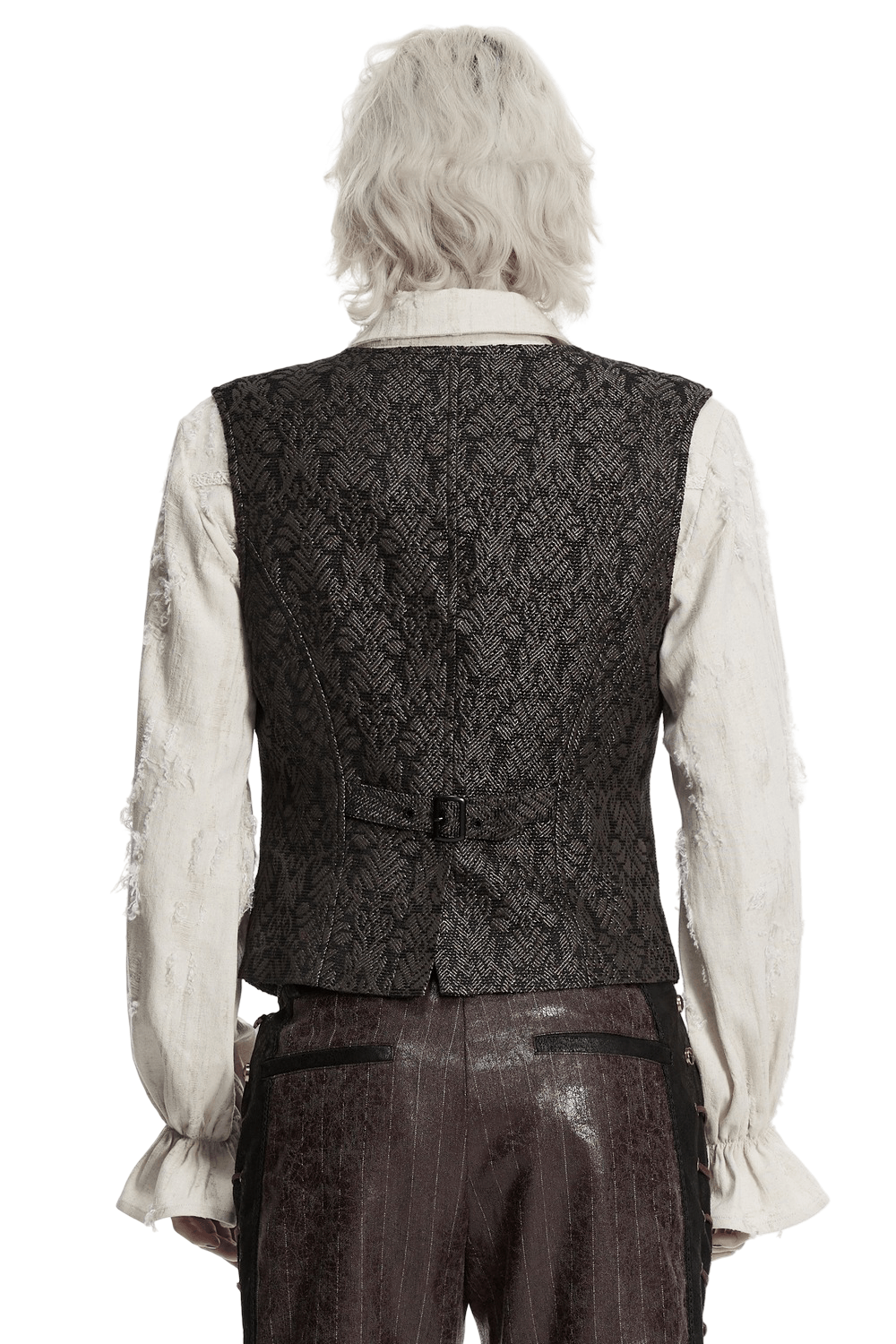 Retro Jacquard Waistcoat Vest with Deep V-Neck, showcasing the back view with elegant tailoring and textured fabric.
