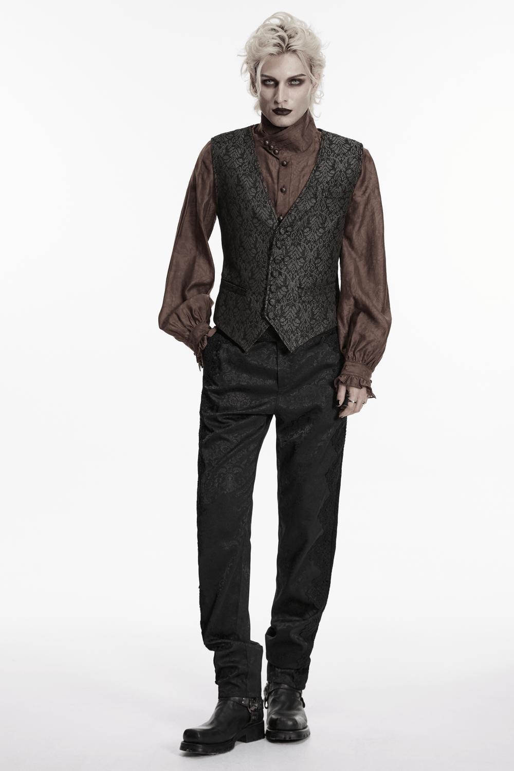 Retro Jacquard Waistcoat Vest with Deep V-Neck worn with gothic styling and tailored trousers for a striking formal look.