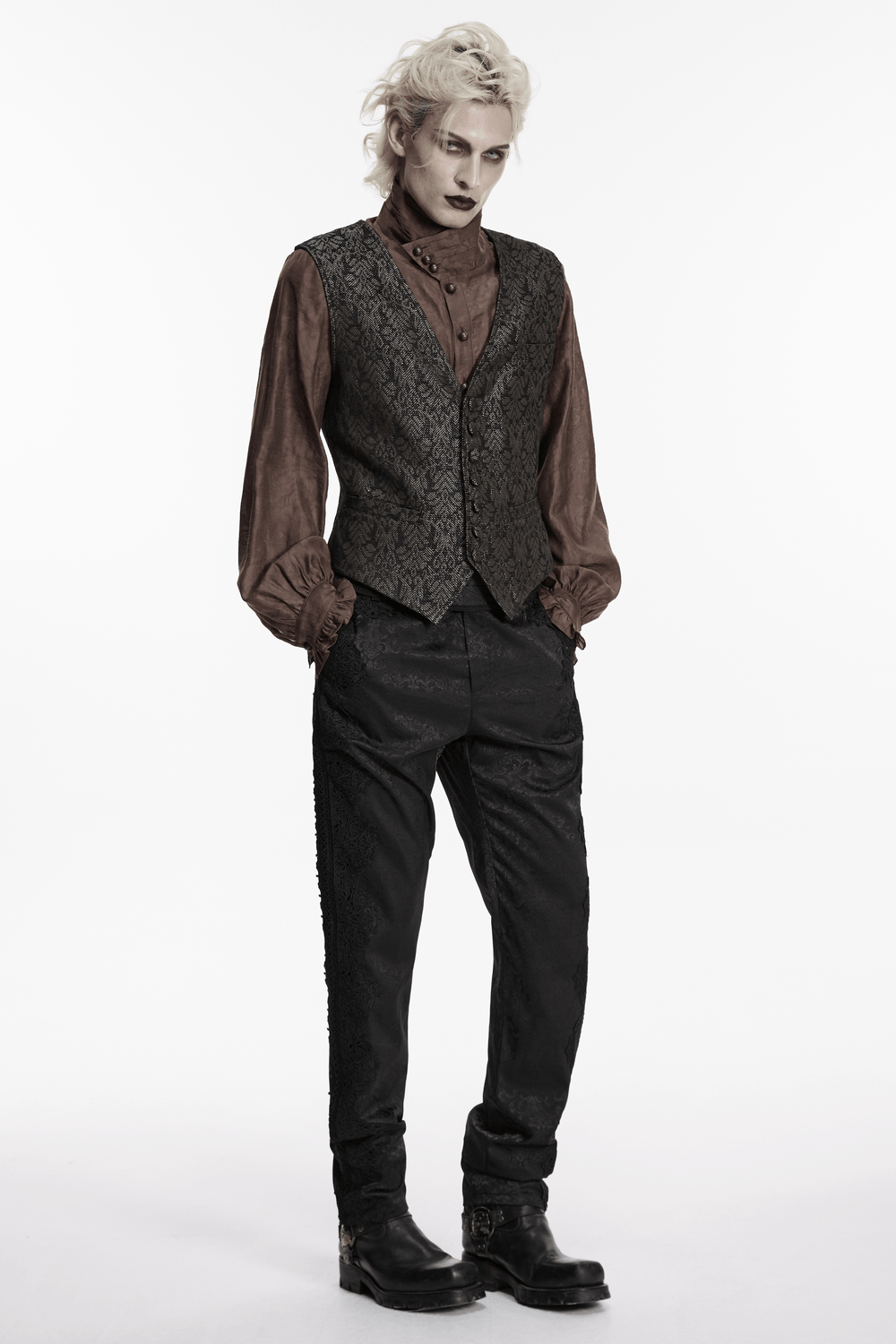Model showcasing Retro Jacquard Waistcoat Vest with Deep V-Neck in vintage gothic styling.