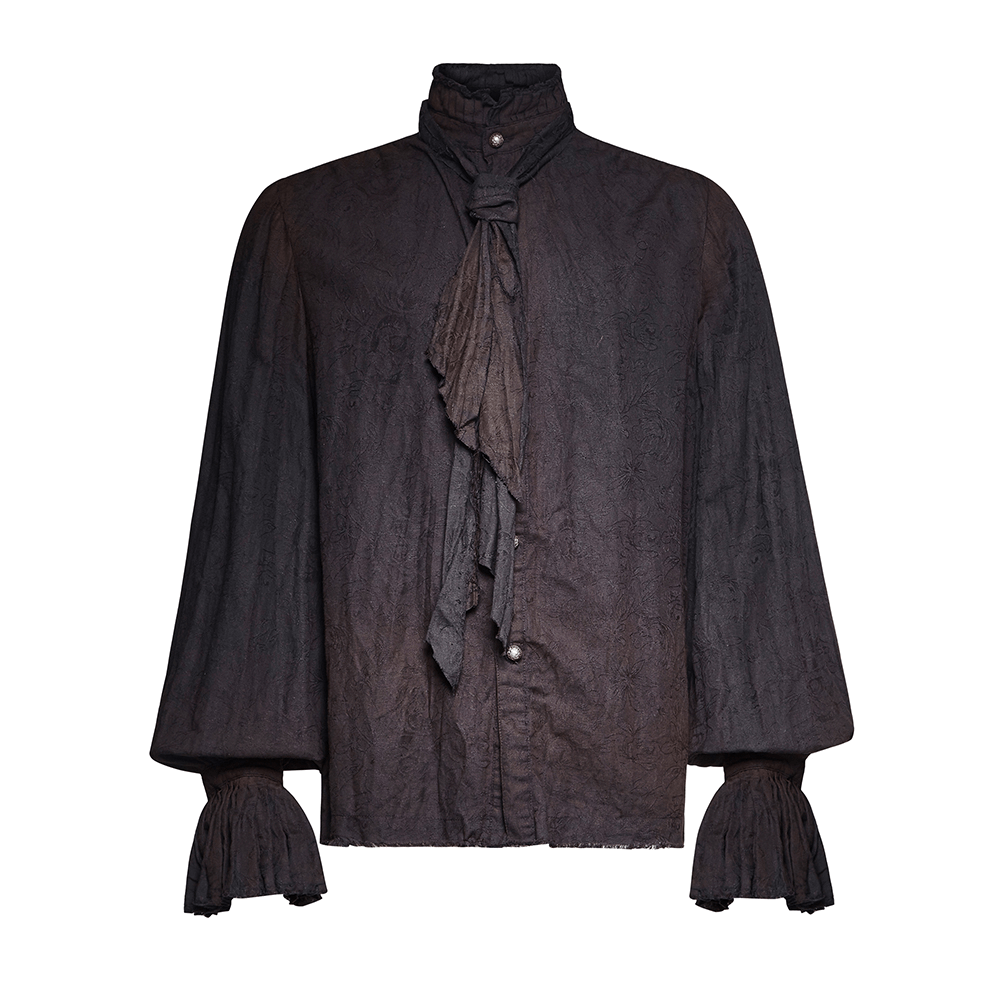 Victorian-inspired retro linen steampunk shirt with tie detail and unique collar design for men.