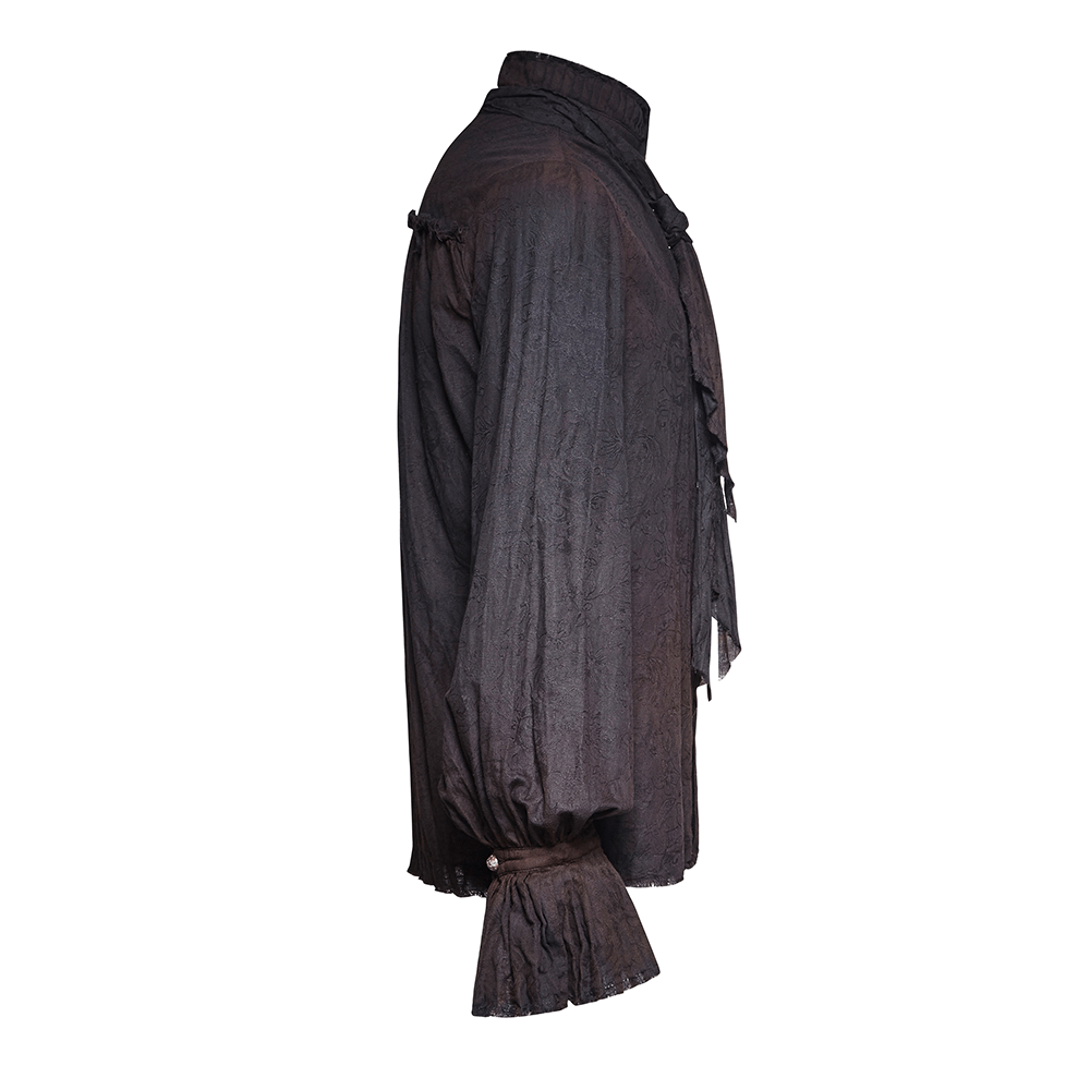 Side view of a Victorian-inspired retro linen Steampunk shirt for men with tie detail and unique collar.