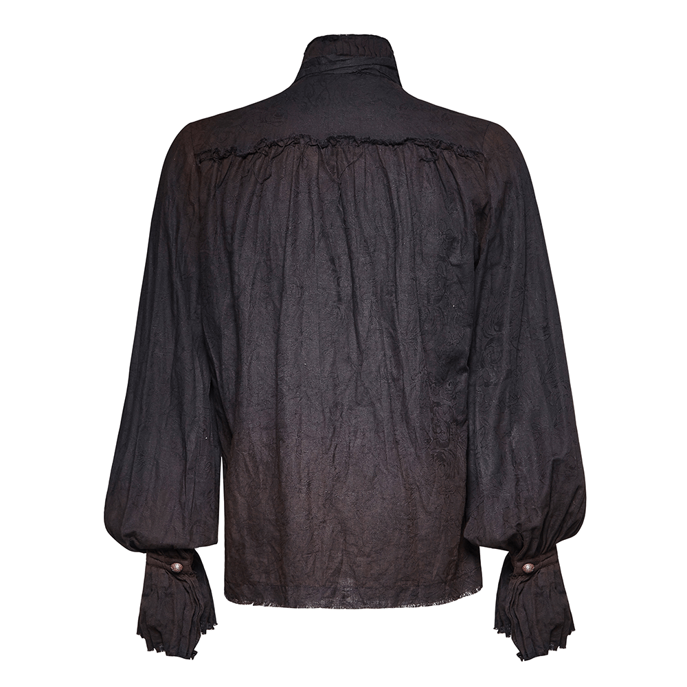 Back view of a Victorian-inspired black linen steampunk shirt with unique yoke and cuff details.