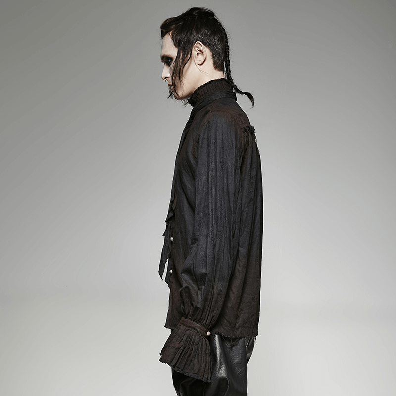 Retro linen steampunk shirt for men showcasing Victorian-inspired style with tie detail and unique yoke design.