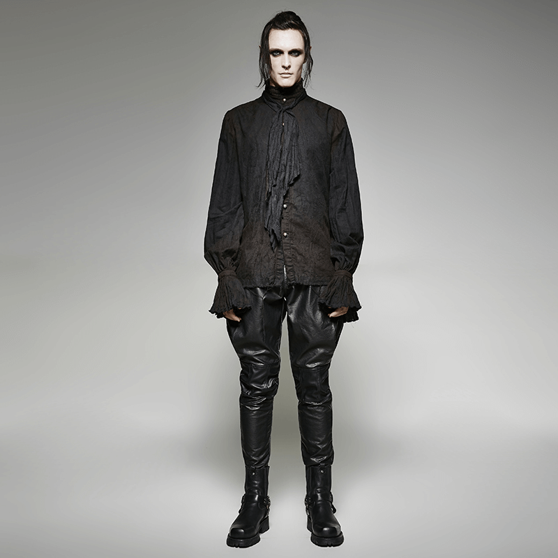 Victorian-inspired steampunk shirt in black linen with tie detail, paired with stylish leather pants.