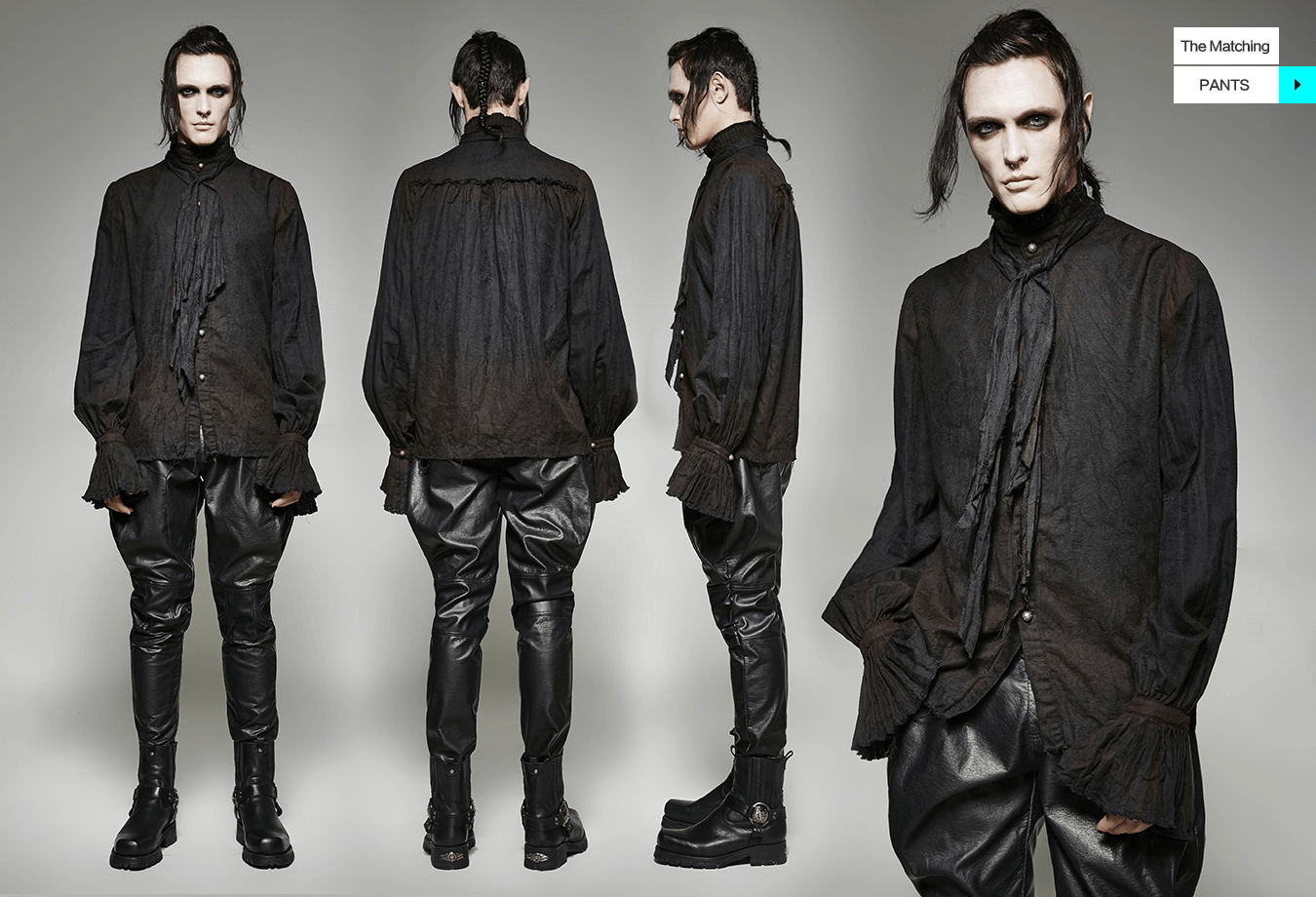 Stylish men’s retro linen steampunk shirt with tie detail, featuring Victorian-inspired design and modern cut.