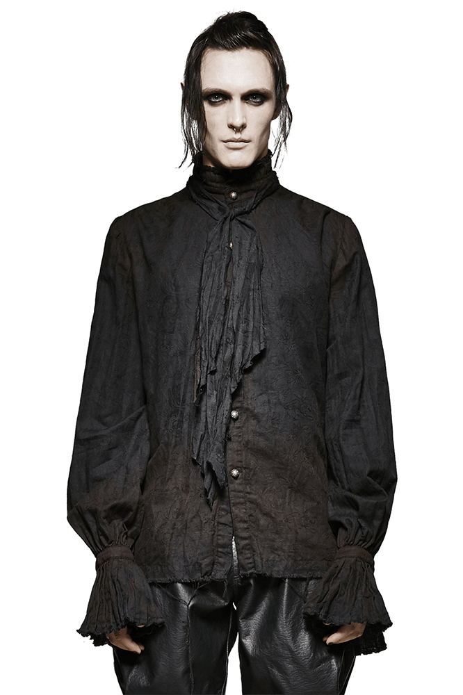 Victorian-inspired retro linen steampunk shirt for men with tie detail and stylish ruffled cuffs.