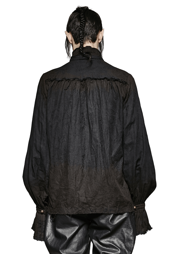 Back view of a Retro Linen Steampunk Shirt with tie detail, showcasing Victorian-inspired design in black fabric.