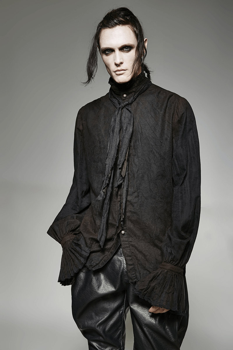 Victorian-inspired steampunk shirt in linen with tie detail and unique ruffled cuffs, perfect for retro fashion enthusiasts.