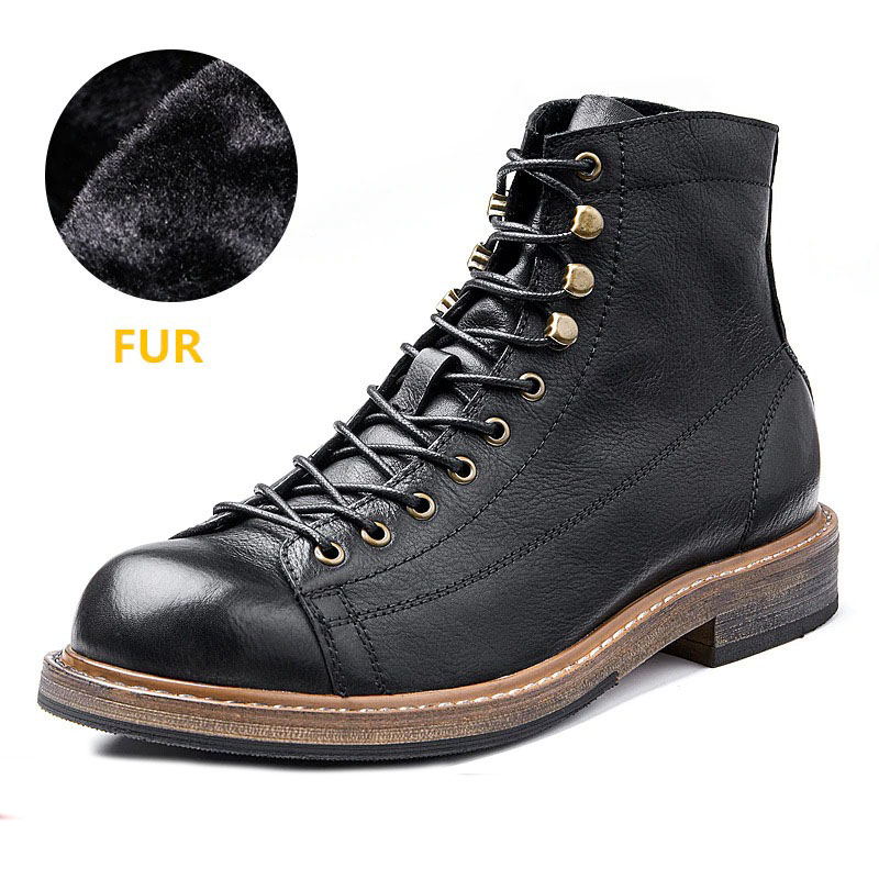 Retro Men's Big Round Toe Lace Up Ankle Boots / Casual Male Genuine Leather Shoes - HARD'N'HEAVY