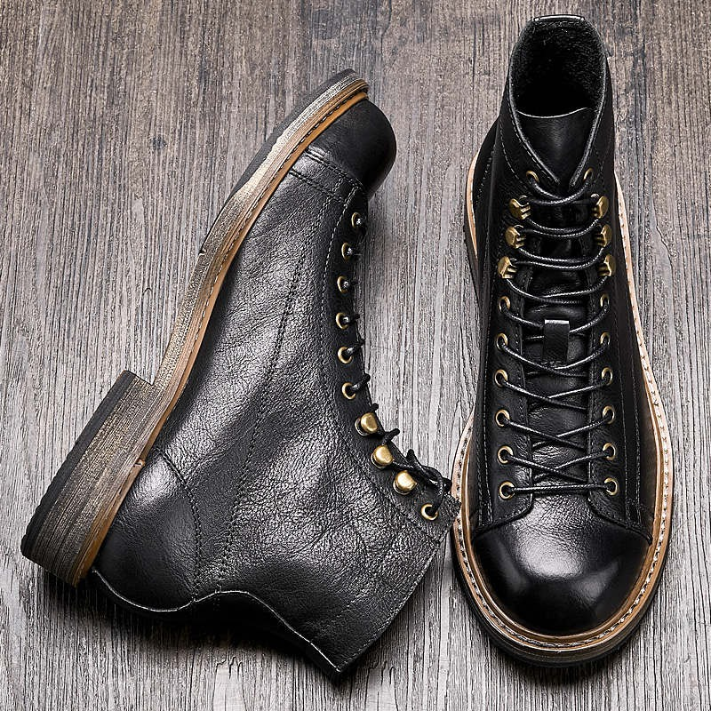 Retro Men's Big Round Toe Lace Up Ankle Boots / Casual Male Genuine Leather Shoes - HARD'N'HEAVY