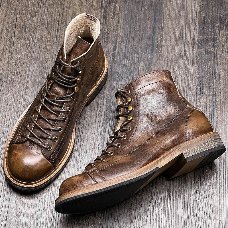 Retro Men's Big Round Toe Lace Up Ankle Boots / Casual Male Genuine Leather Shoes - HARD'N'HEAVY